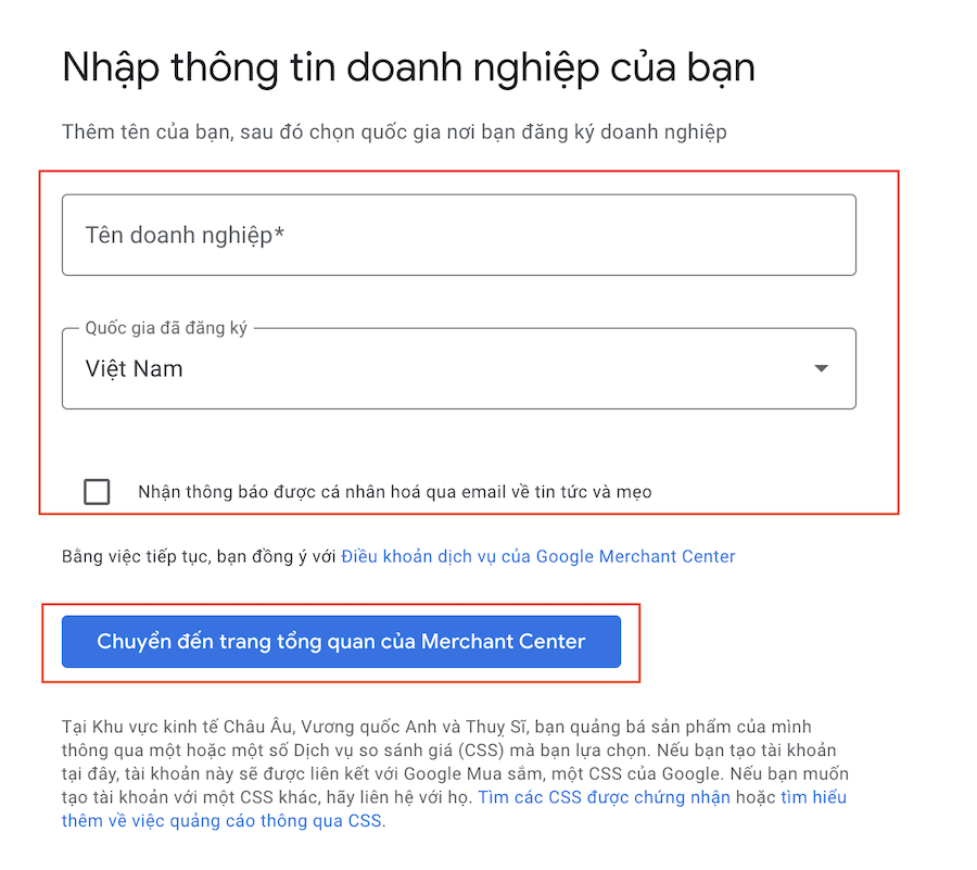 Bước 6 tạo tài khoản Google Marchant Center